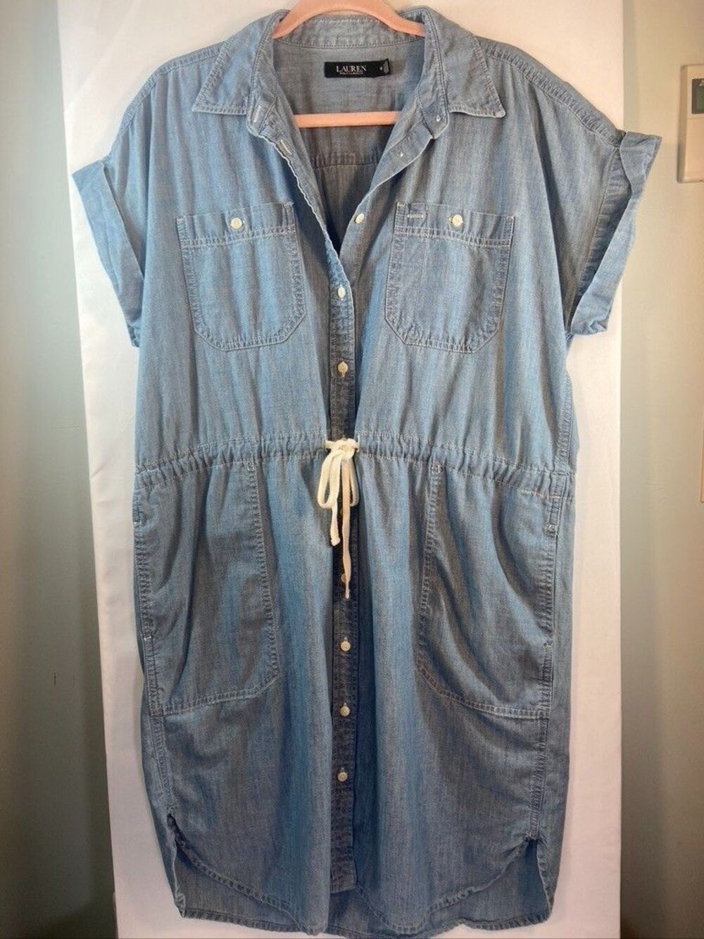 LAUREN RALPH LAUREN SZ 12 COTTON BLUE DENM DRAWSTRING WAIST SHORT SLEEVE DRESS